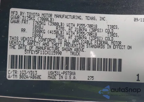 2012 Toyota Tundra Grade 5.7L V8 z USA, uszkodzony, nr VIN 5TFEY5F11CX115990